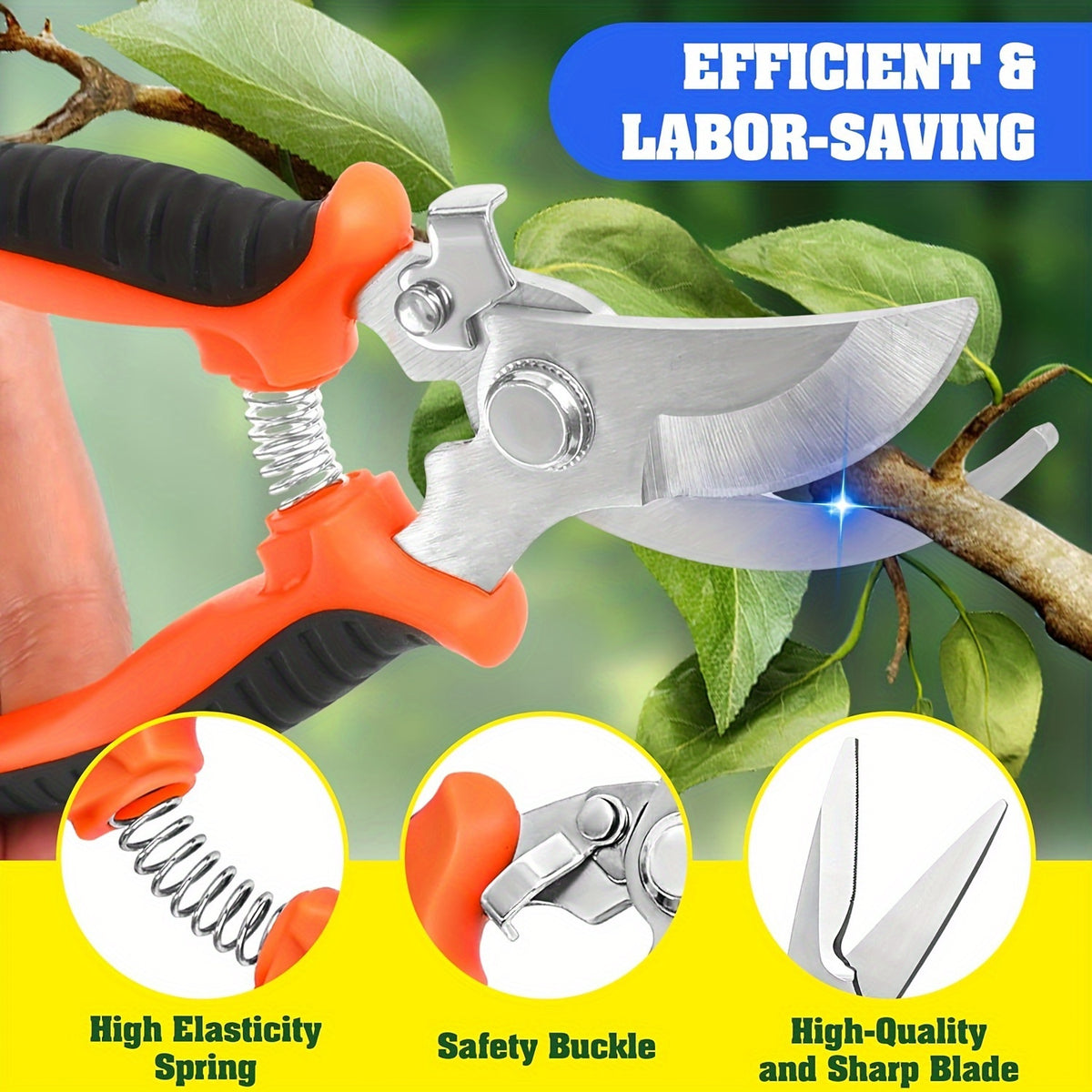 Garden Pruning Shears Set with Listed Stainless Steel Blades and Storage Bag, Five-Piece Tool Wording in Multicolor or Orange and Black for Plant Maintenance