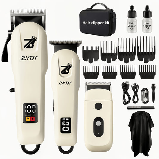 LCD Hair Clipper with Listed USB Charging and Stainless Steel Blades, Upgraded Single Clipper or Three-in-One Electric Razor and Shaver Kit for Home Grooming