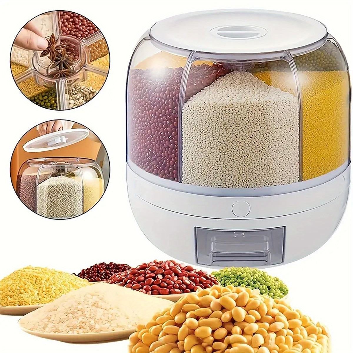 Rotating Rice Dispenser with Push-Button Release, Listed 22-Pound Capacity and 360-Degree Swivel Design for Kitchen Rice and Dry Grain Storage