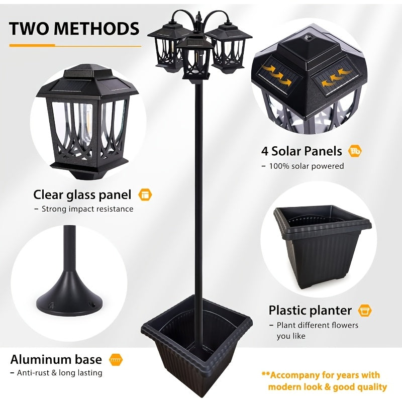 Three-Head Solar Lamp Post with Listed 73-Inch Section-Adjustable Design and 3000K Warm White Light, Black, Two-Pack or Upgraded Flower Pot Model Labels
