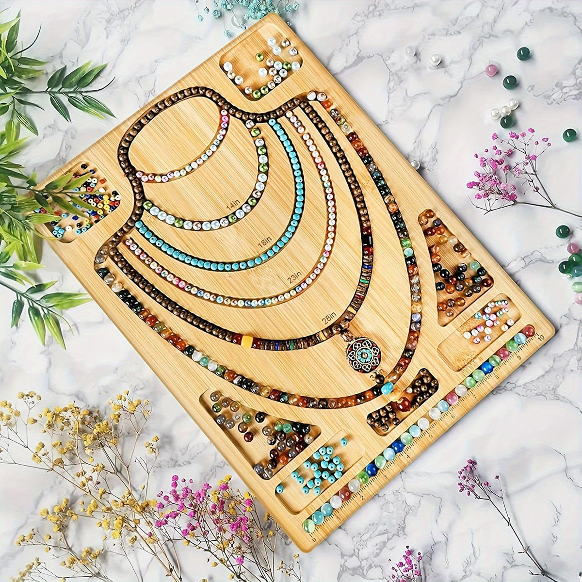 Bamboo Bead Design Board, Apricot Jewelry Layout Tray with Engraved Measurement Markings and Storage Grooves for Planning Bracelets and Necklaces