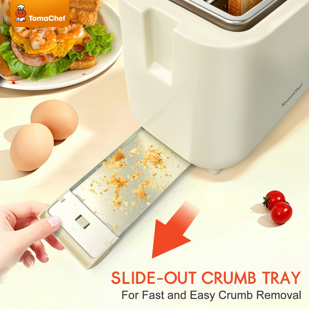 Compact 2 Slice Toaster by TomaChef, 700W with 7 Browning Settings and Removable Crumb Tray for Bread, Bagels and Waffles, Pitch-Black or Off-White