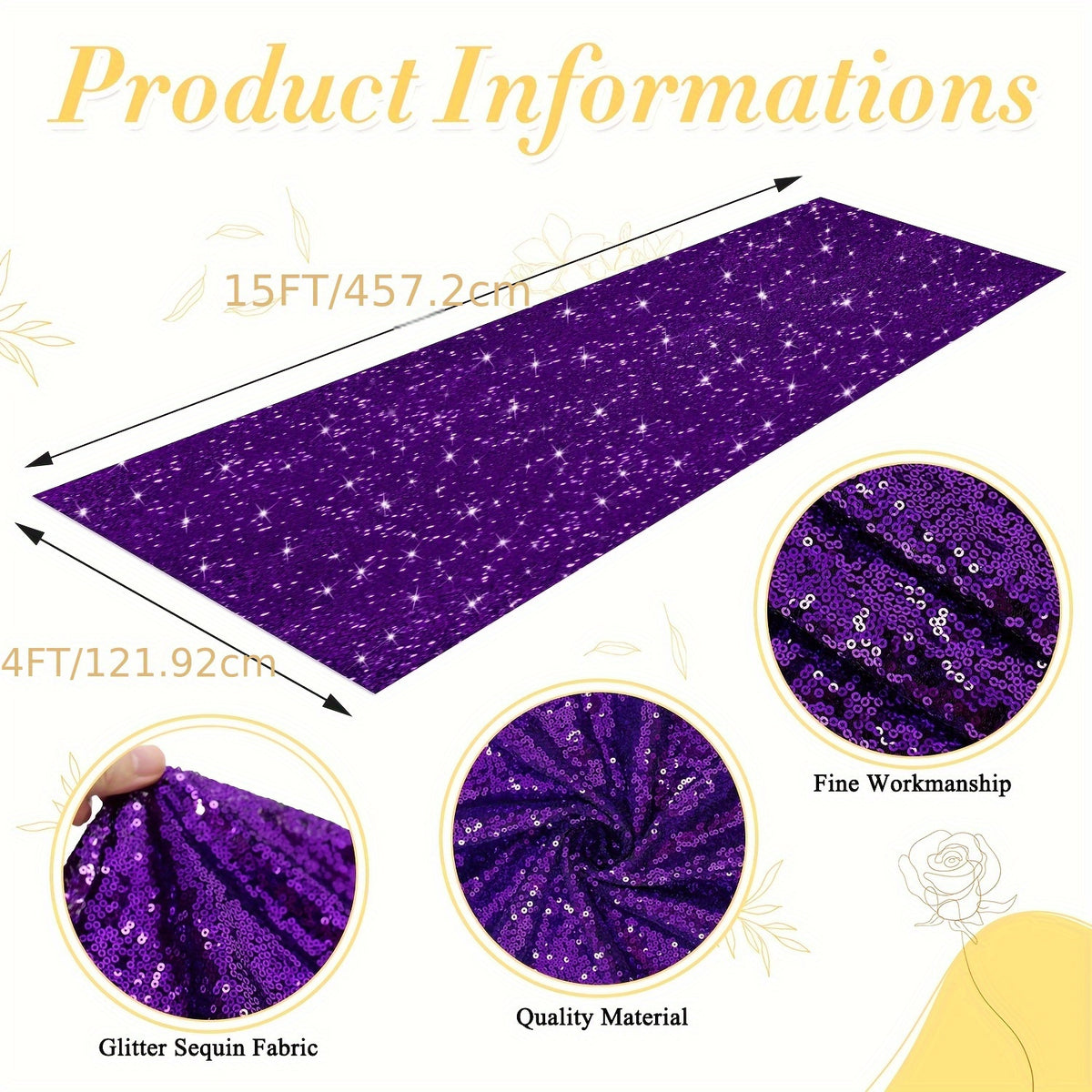 Wedding Aisle Runner with Sequin Styling, 4 x 15ft Ceremony Walkway Decoration in Nine Colors for Bridal Showers, Party Entrances and Wedding Celebrations