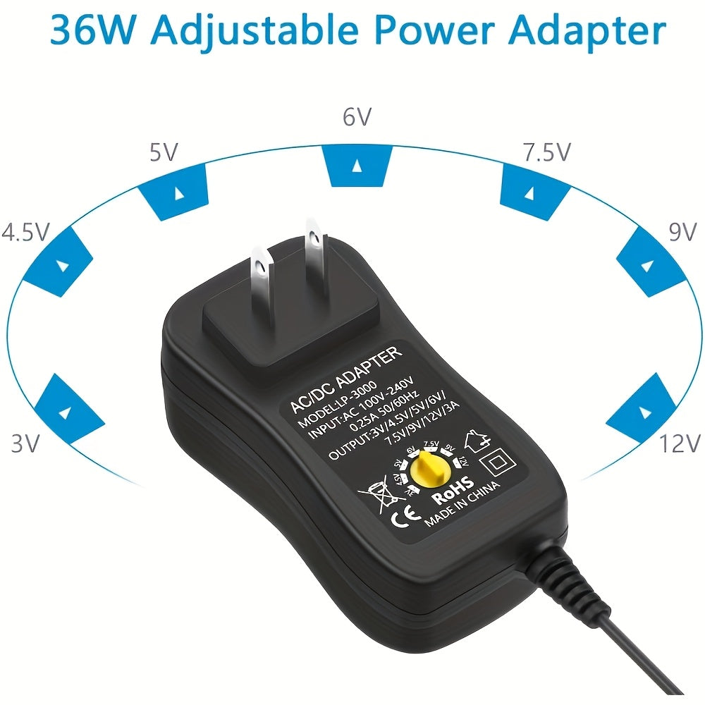 36W Universal AC/DC Power Adapter Adjustable 3V-12V Power Supply with 14 Interchangeable Tips, Polarity Converter, Over-Current Protection for Household Appliances, LED Strips, Routers, Cameras, 3D Printers and Electronics