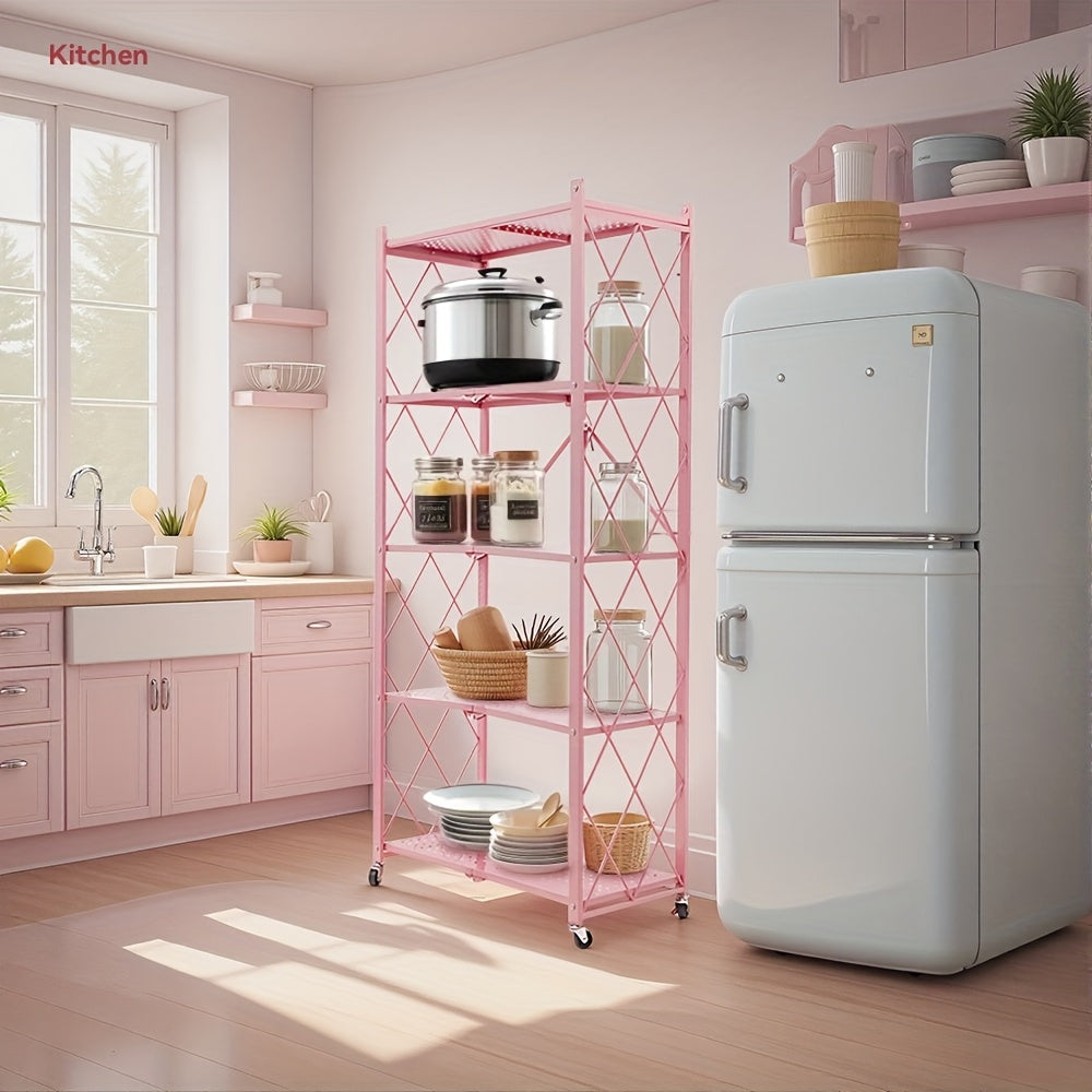 Rolling Folding Storage Rack with Metal Construction and Listed Locking Wheels, Three- to Five-Tier Model Labels for Kitchenware, Household and Dorm Organization