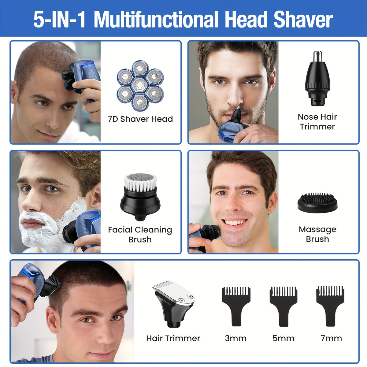 Sejoy Electric Head Shaver for Bald Men, 5-in-1 Rotary Grooming Kit with 7D Floating Heads, LED Display and 3 Speeds, Rechargeable Skull Shaver for Daily Shaving at Home, Perfect Gift for Men