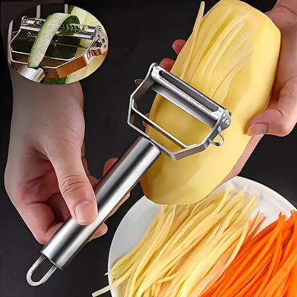 Stainless Steel Potato Peeler and Julienne Tool, Single E-Silvery Manual Kitchen Gadget for Fruit and Vegetable Peeling, Shredded Garnishes and Holiday Meal Prep