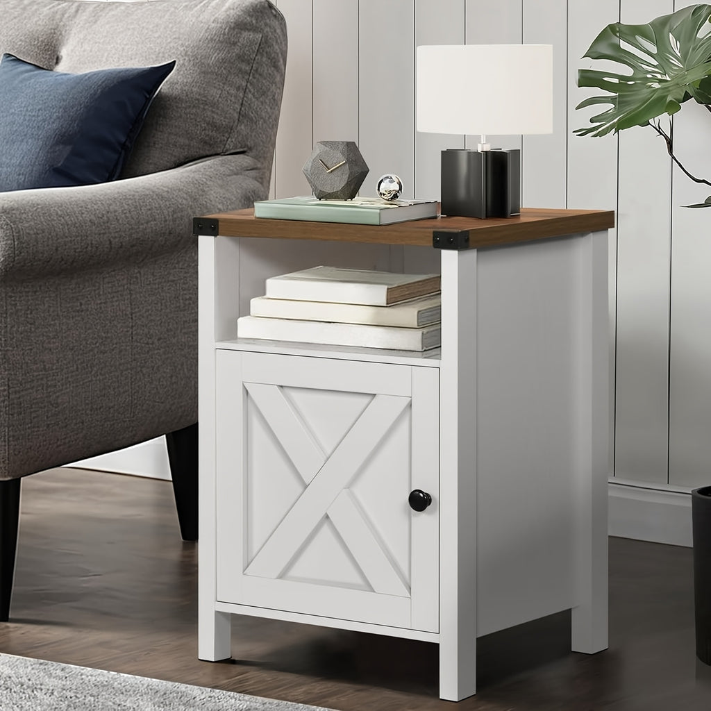 Farmhouse Nightstand by OAKSTEAD with Barn Door and Shelf, Five Colors and Single or Two-Table Packs for Bedside Essentials, Living Room and Entryway Storage