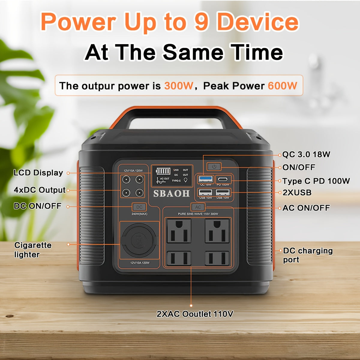 Portable Power Station 300W by SBAOH with Listed 296Wh Lithium-Ion Battery, 100W PD and Digital Display in Orange or Blue with Optional Solar Panel Package
