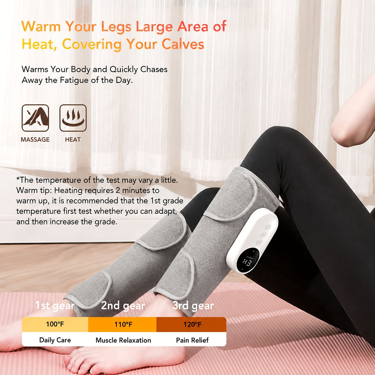 Grey Rechargeable Compression Leg Massager, One-Piece USB-Charging Device with Listed 2000mAh Battery, Three Intensity Levels and Three Temperature Settings