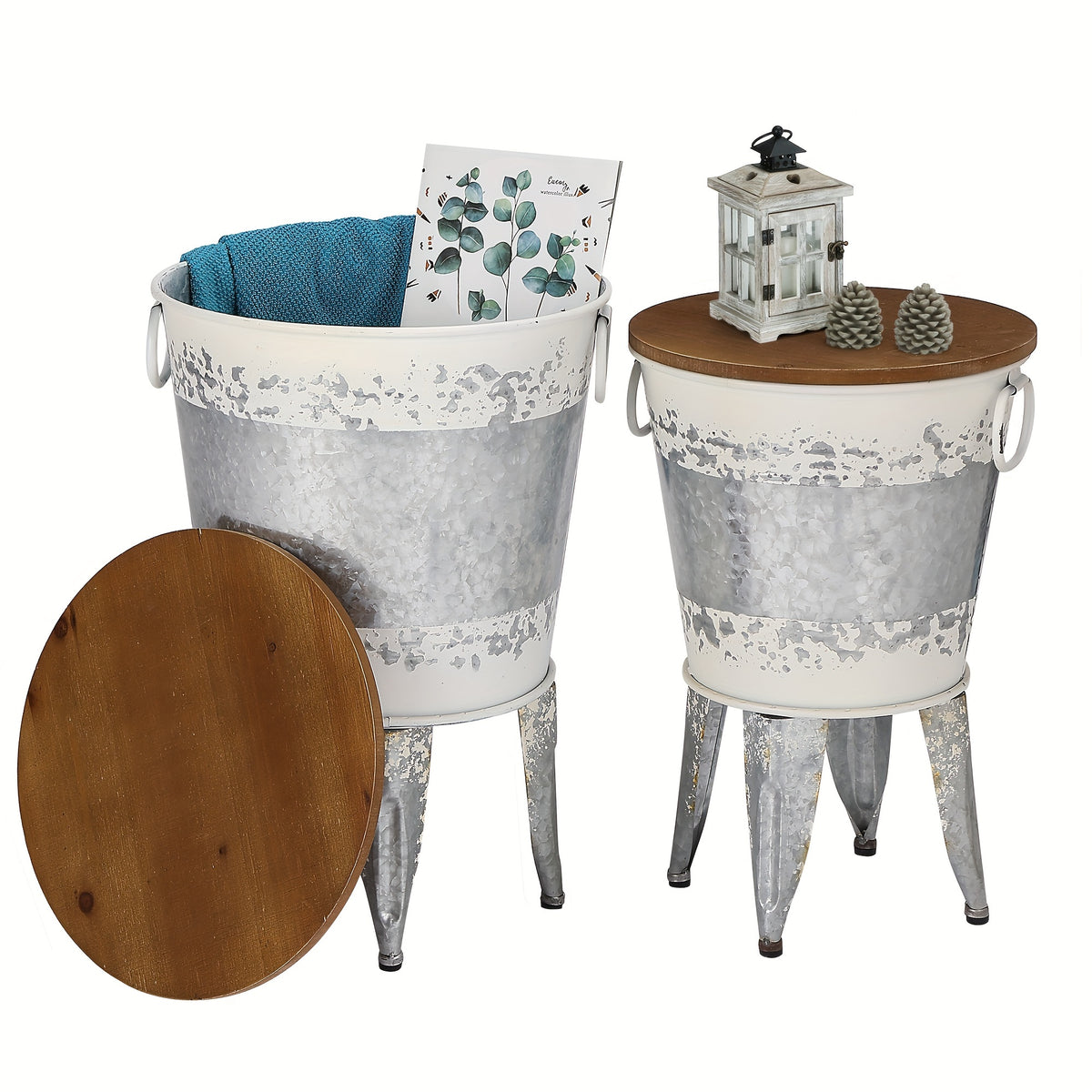 Farmhouse End Tables Set of Two with Metal Nesting Design and Round Wood Lids, Galvanized or Distressed White Accent Furniture for Rustic Living Room Styling