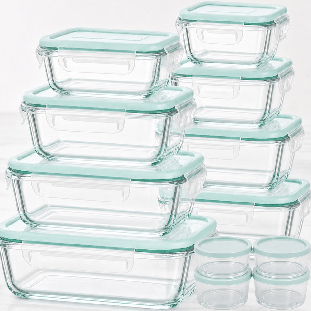 Green Glass Food Storage Containers with Locking Lids and Removable Silicone Seals, 16-Piece or 24-Piece Sets for Meal Prep, Lunches and Leftovers