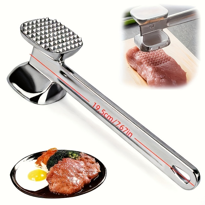 Double-Sided Meat Hammer with Listed Food Cover, Silvery Stainless Steel Manual Kitchen Mallet for Recipe-Guided Beef, Chicken and Pork Preparation