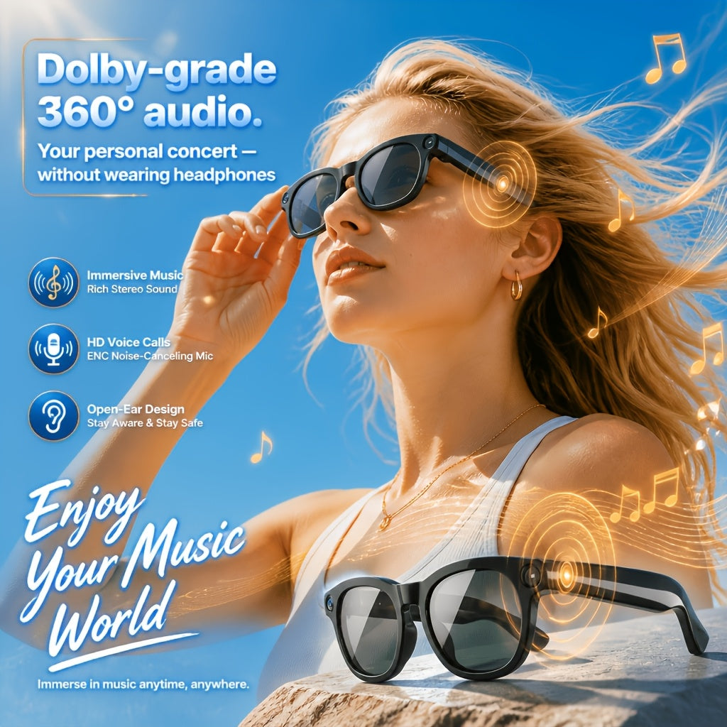 Black Smart Camera Glasses with Listed 8MP Photos, 1080P Video, Photochromic Lenses, Dual Speakers and 260mAh Type-C Charging for Travel and Office Use