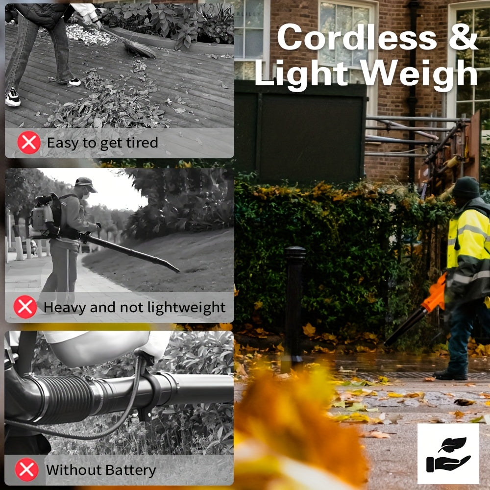 Blue and Orange Cordless Handheld Leaf Blower with Listed 21V Lithium Battery and Extension Tube, One- or Two-Battery Options for Yard and Garden Cleanup