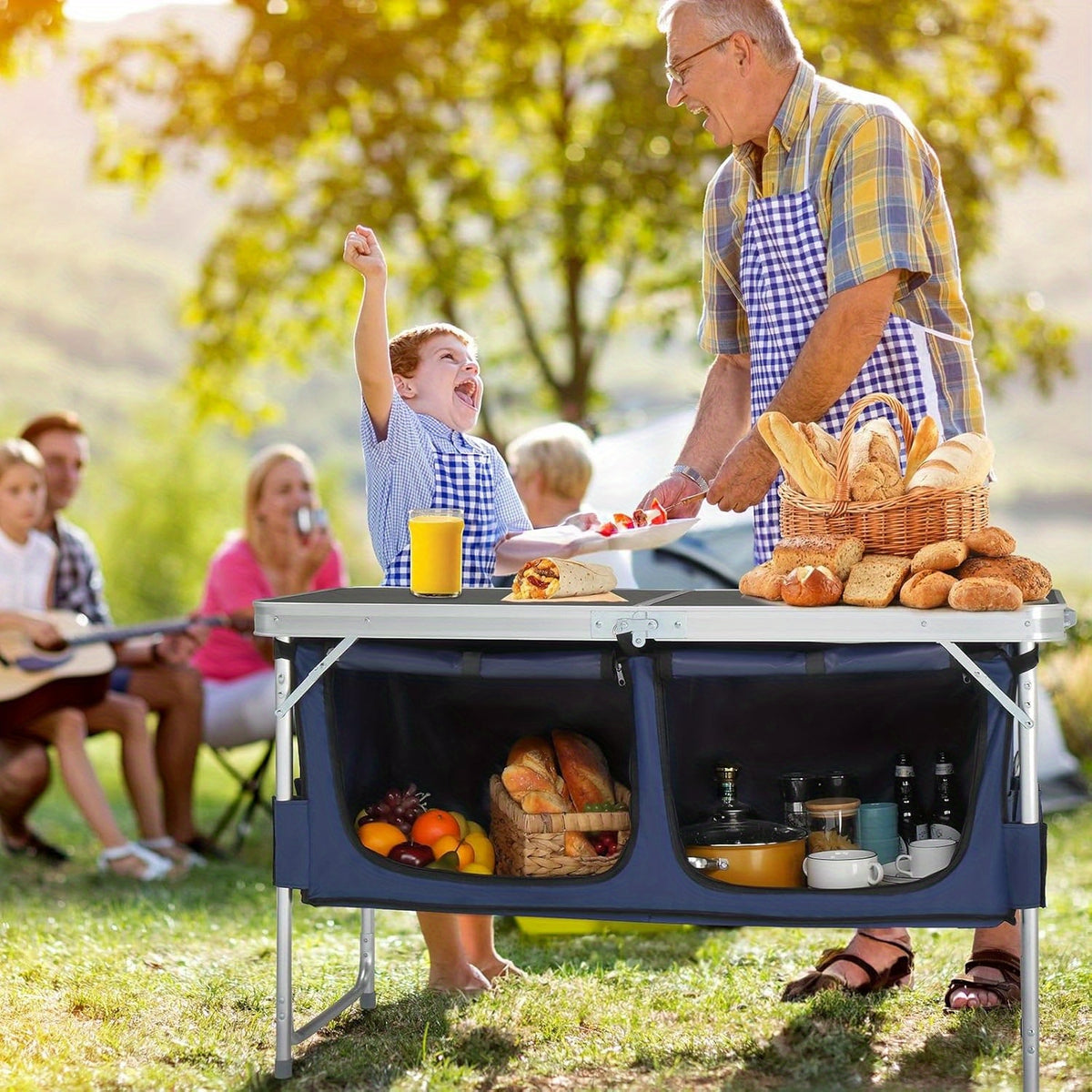 Camping Folding Table with Storage by Bonnlo, 4ft Adjustable-Height Aluminum Picnic Table in Five Color Options for Backyard BBQs, Patio Dining and Outdoor Gatherings