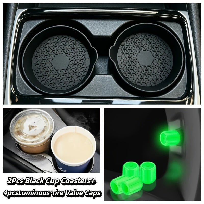 Silicone Car Cup Holder Coasters in Two- or Four-Piece Options, Anti-Slip Cup Mats with Multiple Colors and Selected Glow-in-the-Dark Accessory Bundles