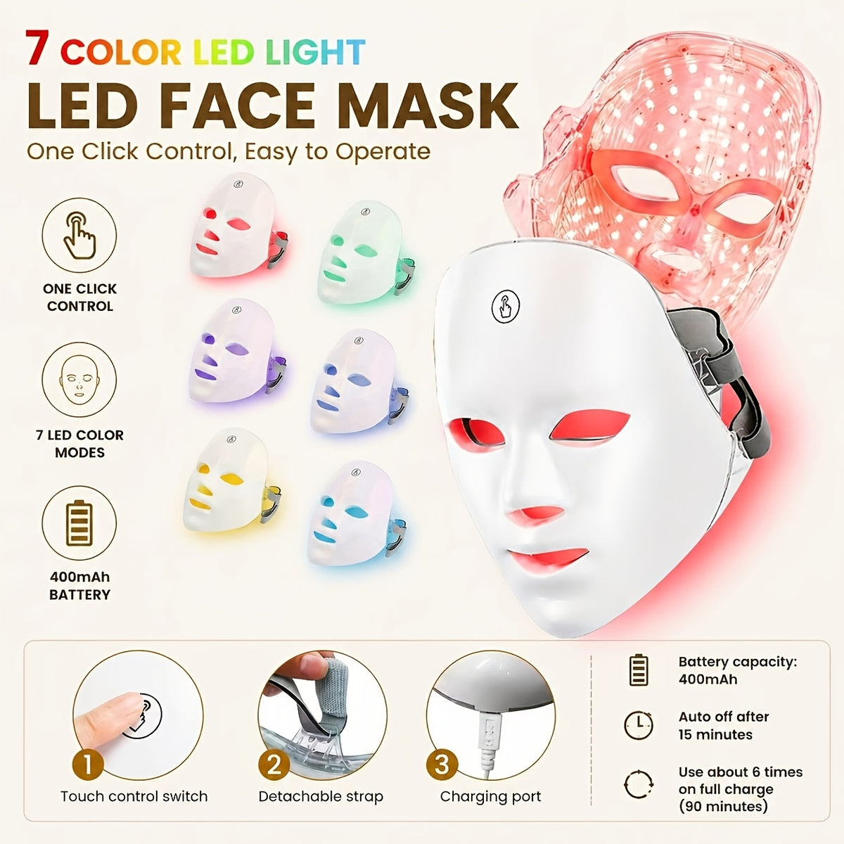 7-Color LED Facial Skincare Device for Home Beauty Routines, White and Luxury White-Gold Facial Mask Options, Personal Care Gift Idea