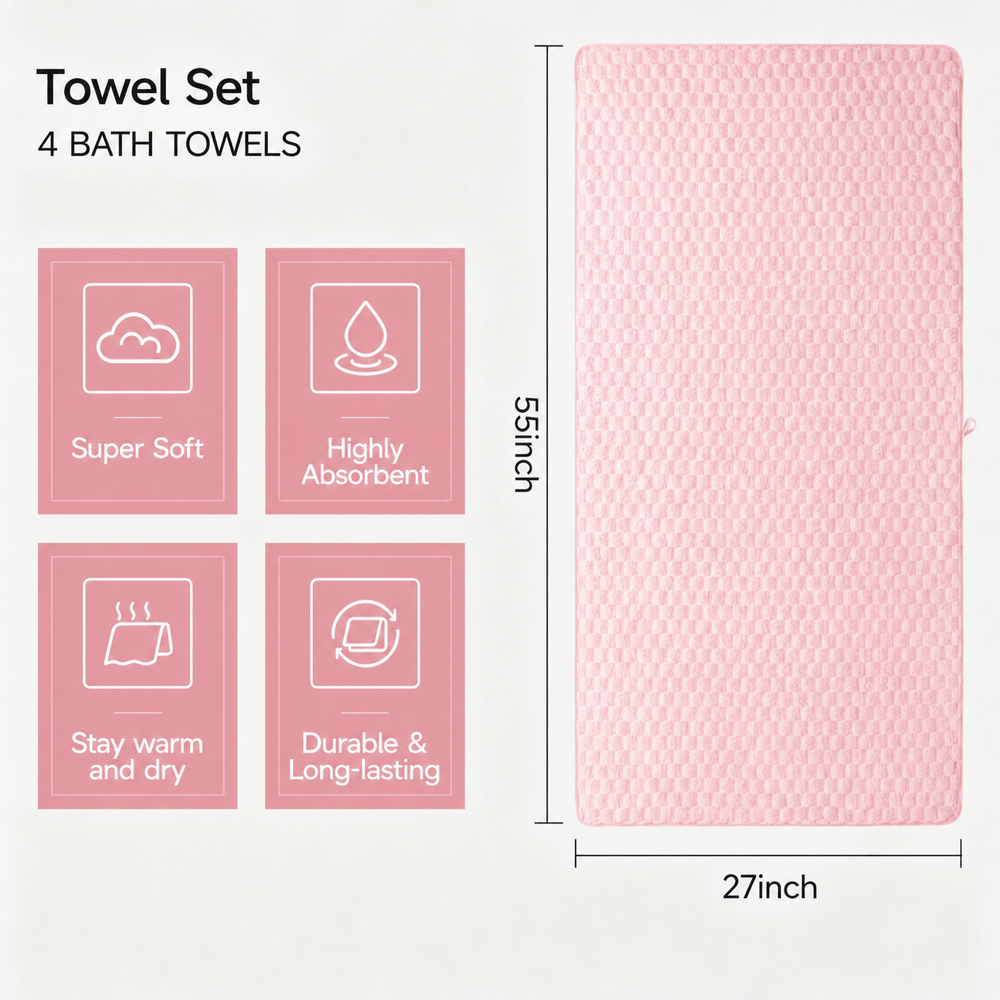 Coral Fleece Bath Towel Set with Hair Drying Cap, Five-Piece Bundle Featuring Four 27 x 55 Inch Plush Towels and Listed Hanging Loops for Home Shower Routines