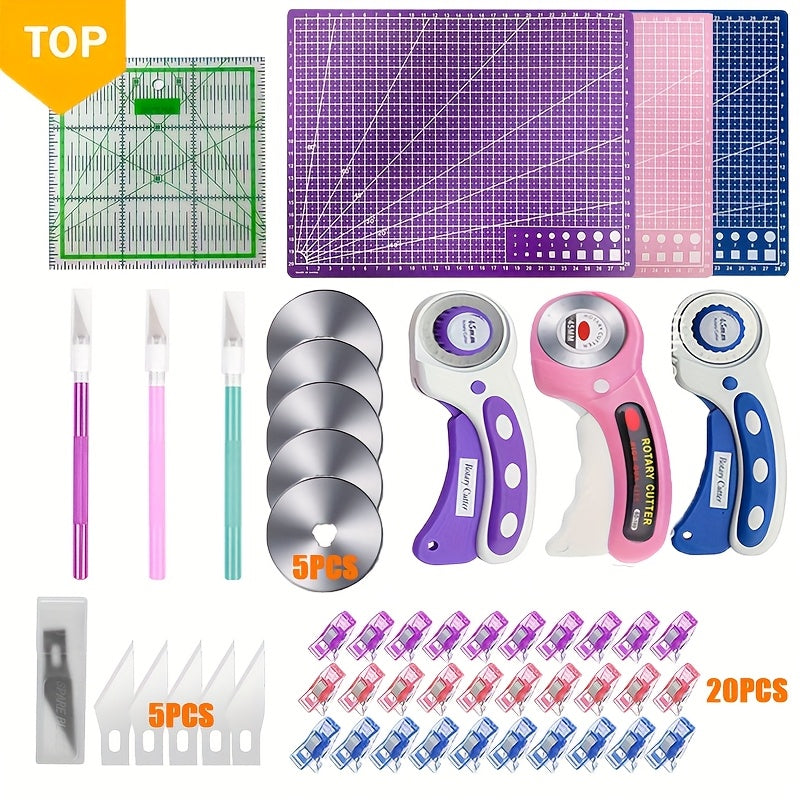 Rotary Fabric Cutter Set with Listed 45mm Blade, Five Replacement Blades, A4 Mat, Craft Knife and Acrylic Ruler in White Pink or Red for Quilting Projects
