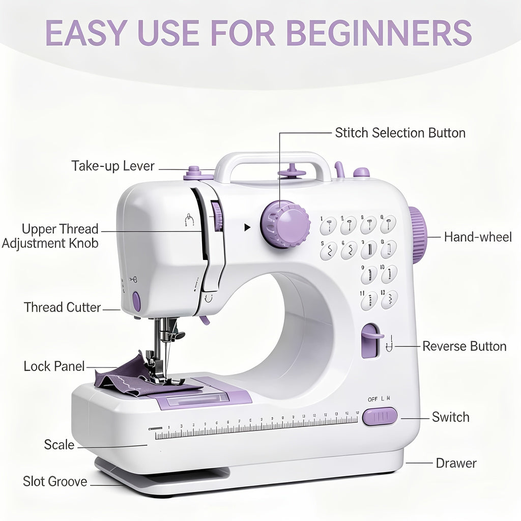 Dual Speed Sewing Machine for Beginners with Listed 12 Stitches, LED Work Light, Foot Pedal and 12-Color Thread Set, Portable Mini Electric Design for Home Craft Projects