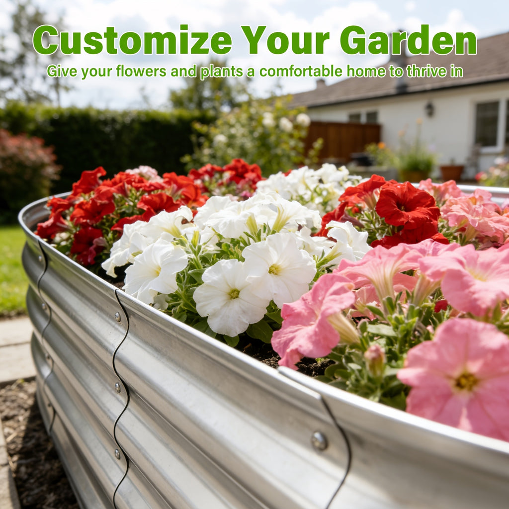 Metal Raised Garden Bed Kits with Galvanized Oval Planter Wording, Listed 4x2x1ft and 8x4x1ft Multipack Options plus Single-Bed Label for Outdoor Garden Planning