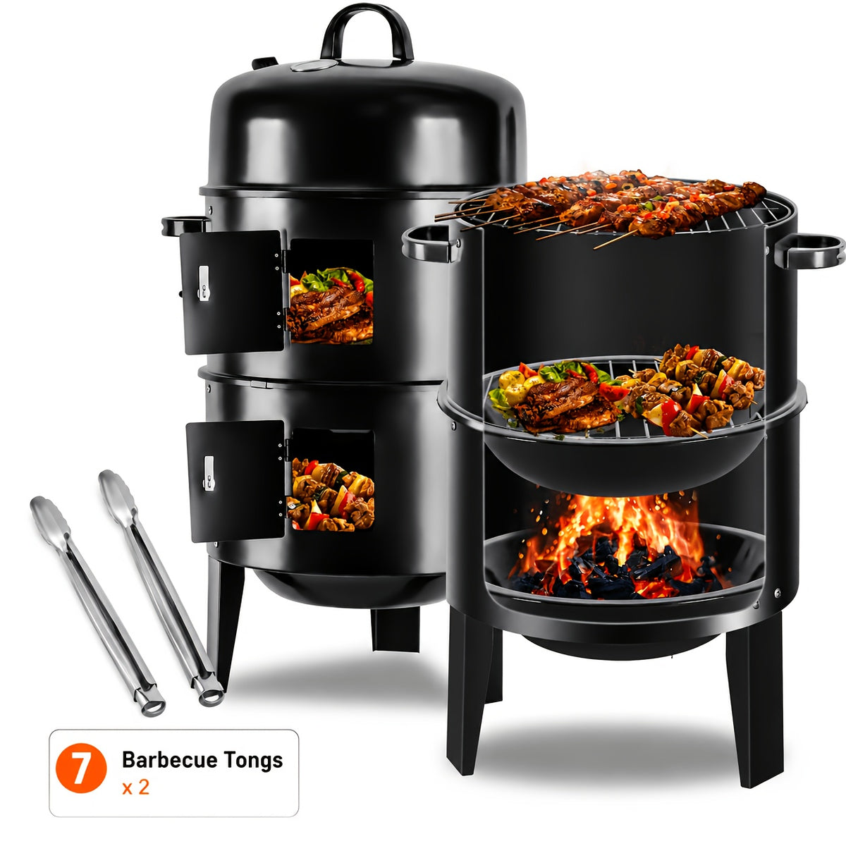 Vertical Charcoal Smoker Grill, Black 16-Inch Three-Tier Outdoor Cooker with Listed 400-Square-Inch Cooking Area and Two BBQ Tongs for Backyard Cookouts