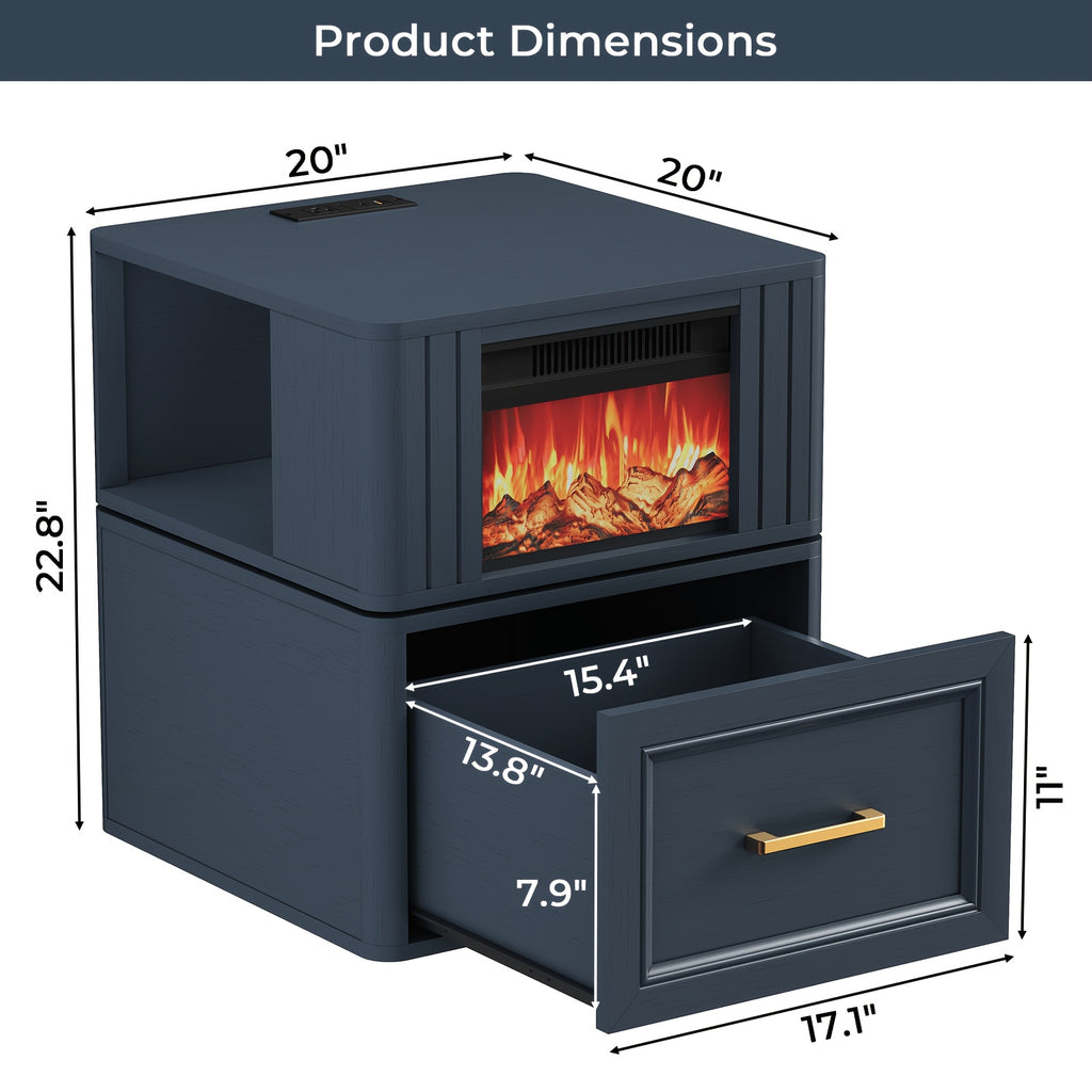 Electric Fireplace End Table with Listed 180-Degree Rotation and 13-Inch Screen, Storage and Charging Station, Six Finish Choices for Living Room Layouts