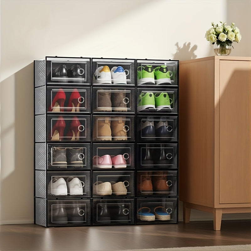 Clear Stackable Sneaker Boxes with Lids, Modular Plastic Shoe Storage Containers in Black or White and 6, 12 or 24 Pack Options for Closet Organization