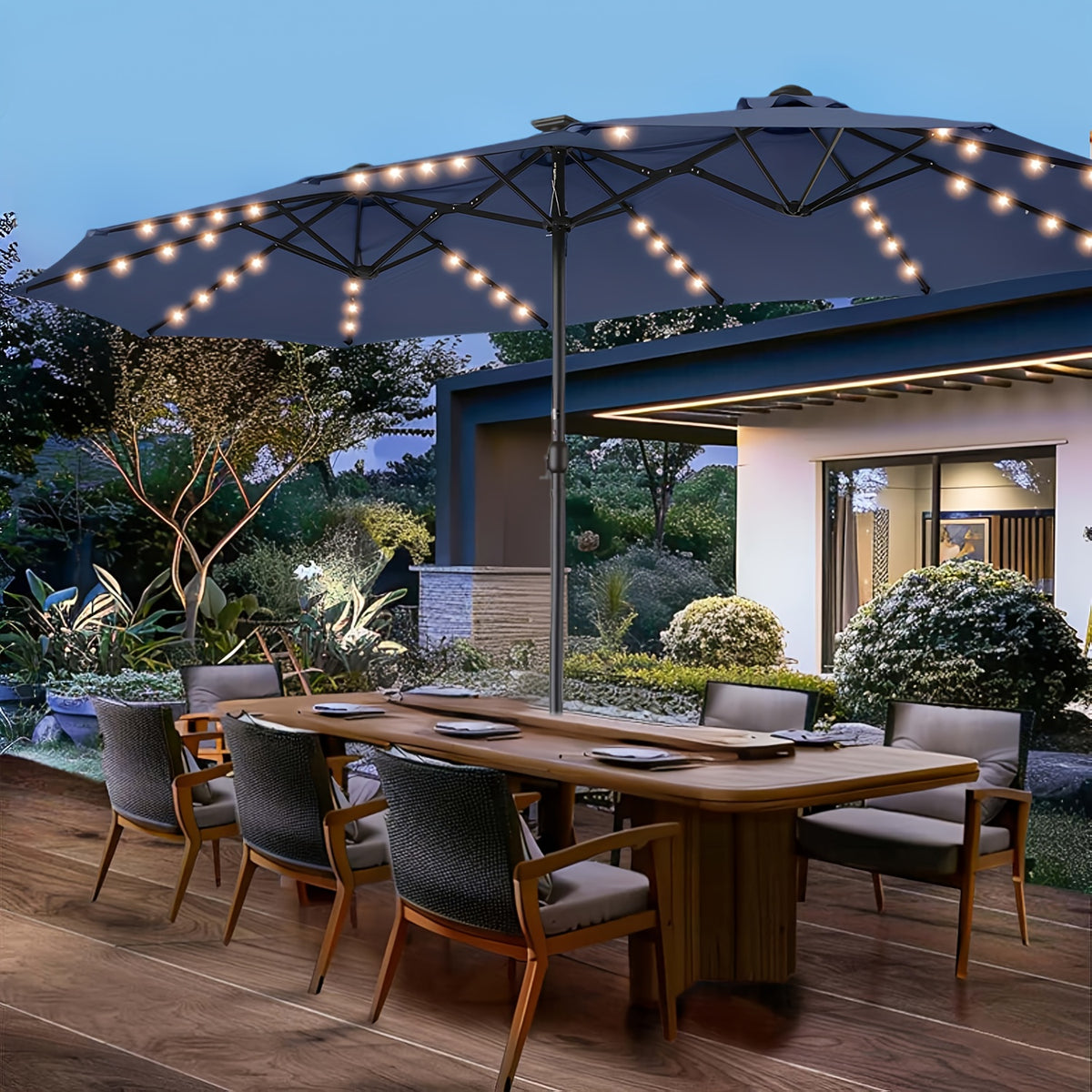 Double-Sided Solar Patio Umbrella with 48 LED Lights, 15ft Outdoor Shade Canopy with Crank Handle, 12 Ribs, Base and Four Sandbags in Blue or Light Blue