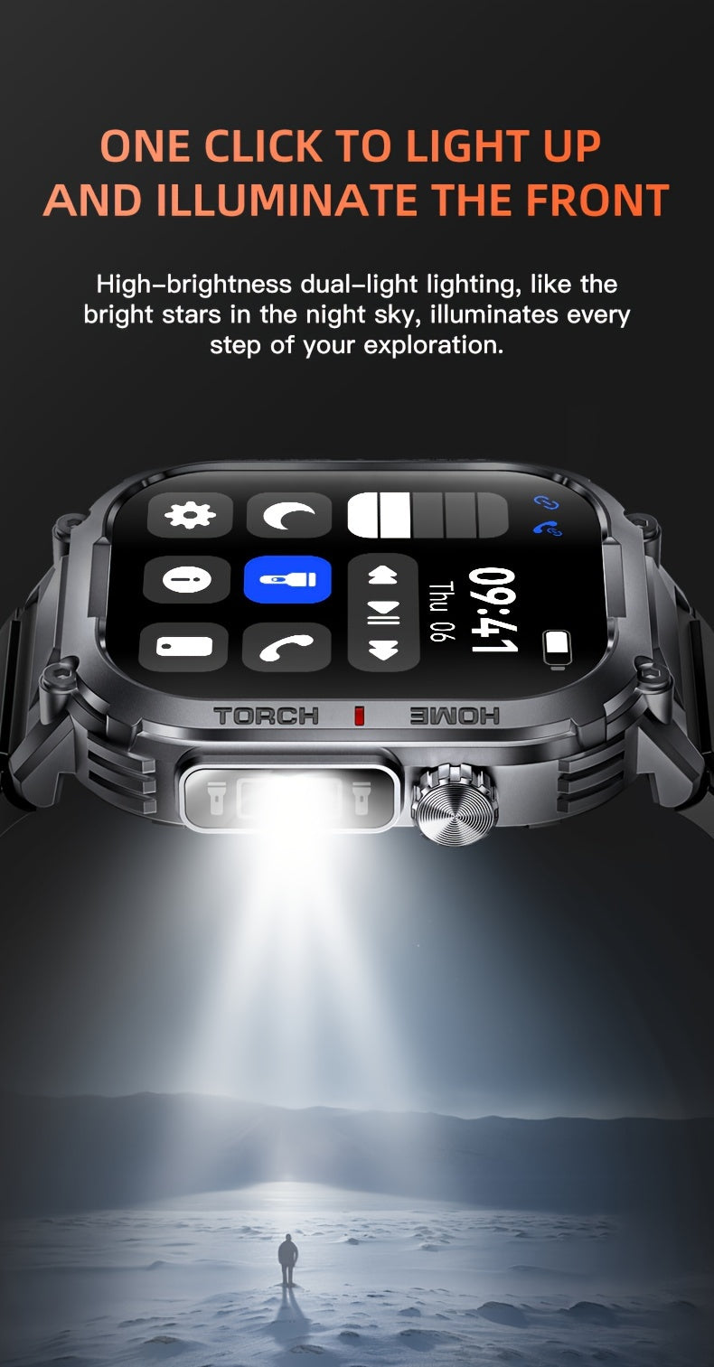 LED Flashlight Calling Smartwatch with Listed 2.02-Inch TFT Screen, Step Counting and Sleep Tracking Features, iOS Android Option for Everyday Wear