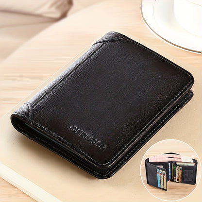 RFID Blocking Leather Wallet for Men with Listed Two ID Windows and Vintage Short Design, Yellow Brown, Grey Blue and Black Bifold Style Options