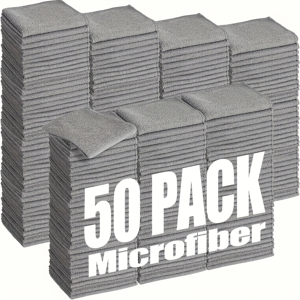 Microfiber Car Wash Towels, 50-Piece Gray Cleaning Cloth Pack with Listed Soft Absorbent Fabric for Auto Detailing, Household Wiping and Commercial Cleaning