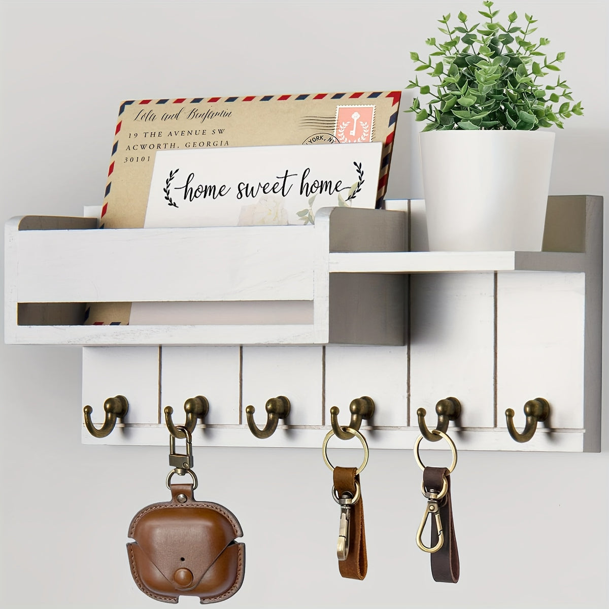 Wall Key and Mail Organizer with Tray, Five-Color Entryway Key Rack for Hallway and Kitchen Storage in White, Grey, Black, Brown or Light Brown-1