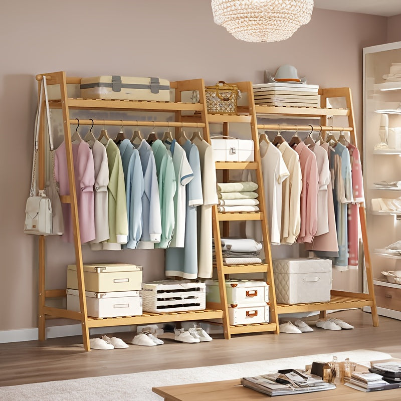 Bamboo Garment Rack with Adjustable Shelves, Five Side Storage Racks and Hat Hooks for Bedroom Organization, Brown or Nature with Four Size and Bag Option Labels