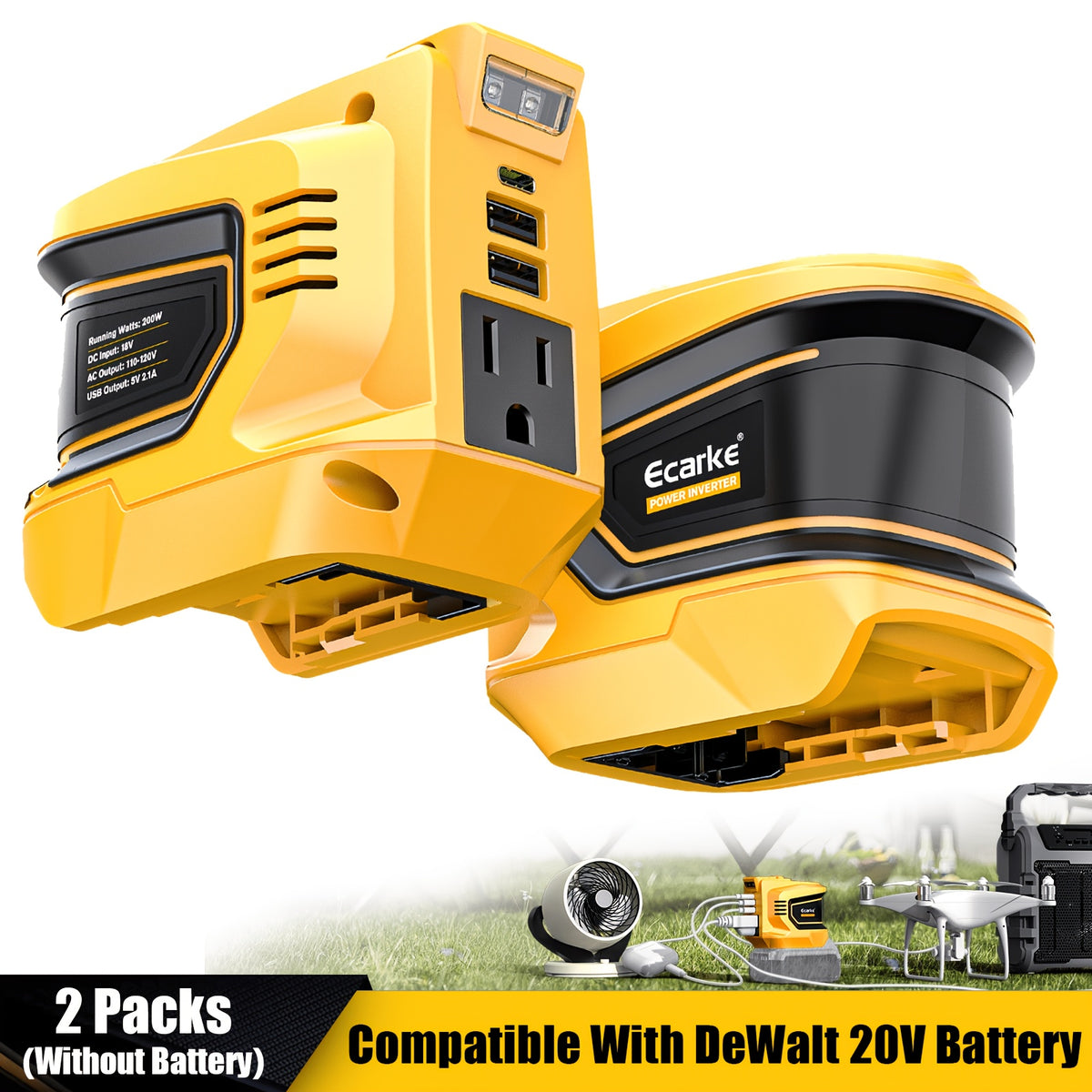 20V Battery Power Inverter by Ecarke for Compatible DeWalt Batteries, 200W and 550W Option Labels with Listed AC and USB Outputs, Battery Not Included
