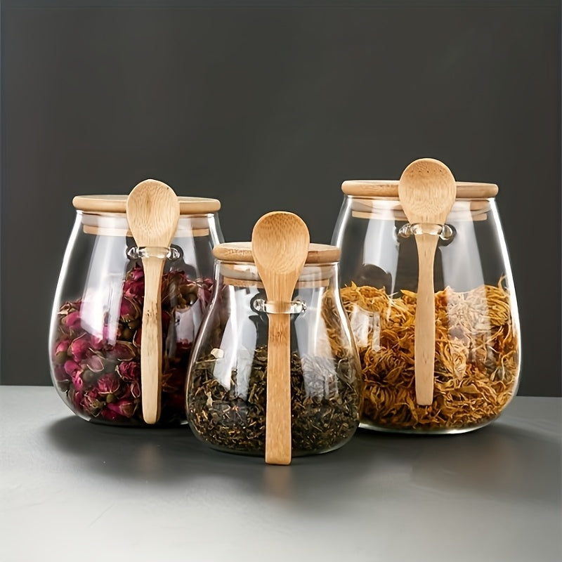 Glass Storage Jar with Spoon, Single Sealed Kitchen Canister in 350ml, 600ml or 1000ml Options for Coffee, Sugar, Tea, Salt, Candy and Spice Organization