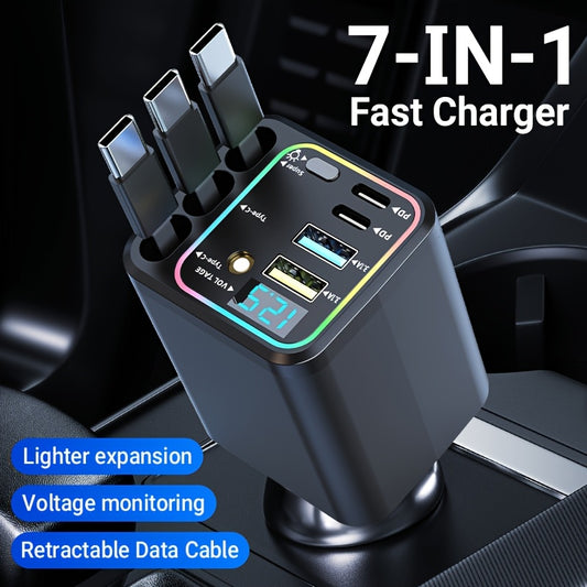 Retractable Cable Car Charger, Three Extendable Leads with Color Lighting, LED Digital Display and Listed 180-Degree Adjustment for In-Car Phone Charging