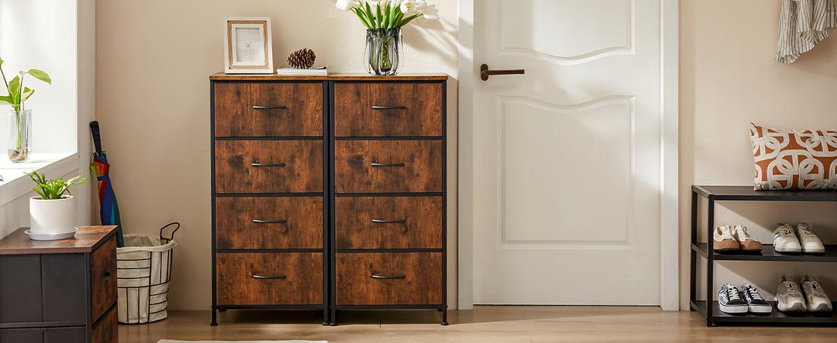 Narrow Fabric Storage Tower with Wooden Top, Two-Drawer Styles and Four-Drawer White Option for Bedroom, Closet, Laundry Room and Entryway Organization