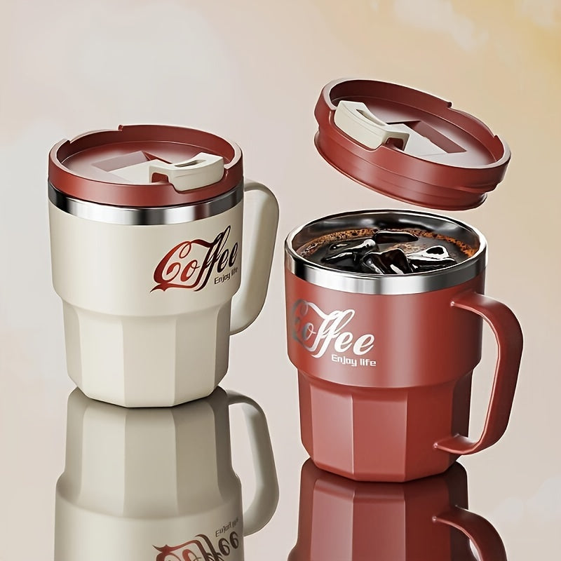 Double-Layer Insulated Coffee Mug with Lid in Grey White, Single Covered Cup for Hot and Cold Drinks, Everyday Beverage Breaks and Coffee Lover Gifts