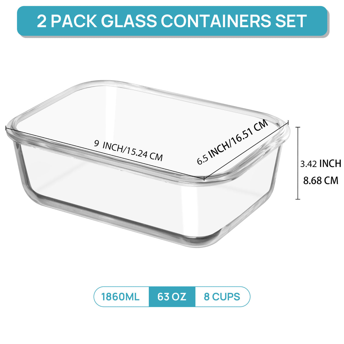 Large Glass Storage Containers for Family Meal Prep, 2-Pack 1860ml 63oz Borosilicate Containers with Hinged Lids and Removable Silicone Seals in Green or Gray