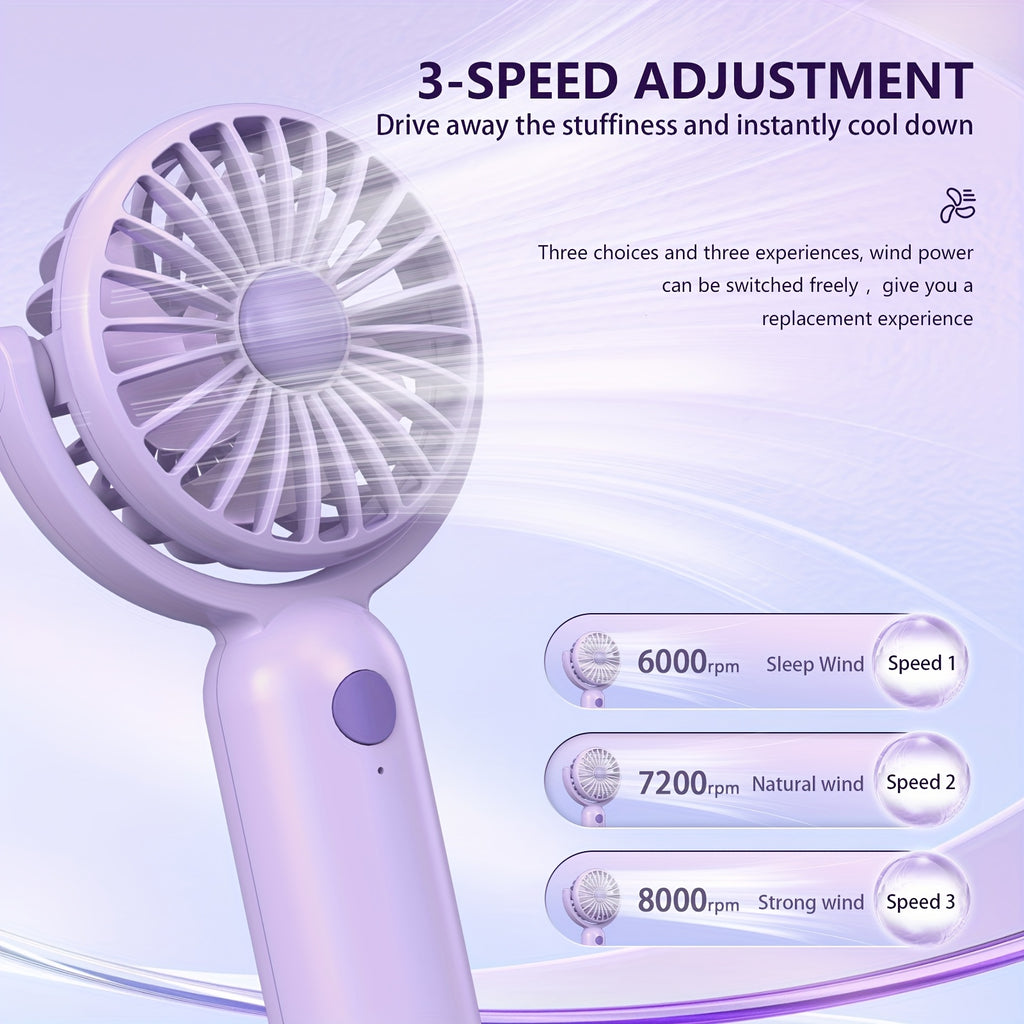 Rechargeable Handheld Fan 3-Pack in Pink, Purple and Black with Three Speeds, USB-C Charging and Listed 180-Degree Adjustment for Travel and Summer Outings