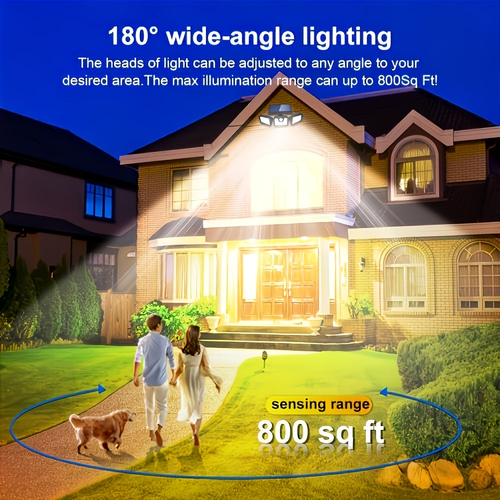 Three-Head Solar Motion Sensor Light with Listed 120 LEDs and 270-Degree Coverage, Outdoor Wall Floodlight in Single or Four-Pack Options for Yard and Garage