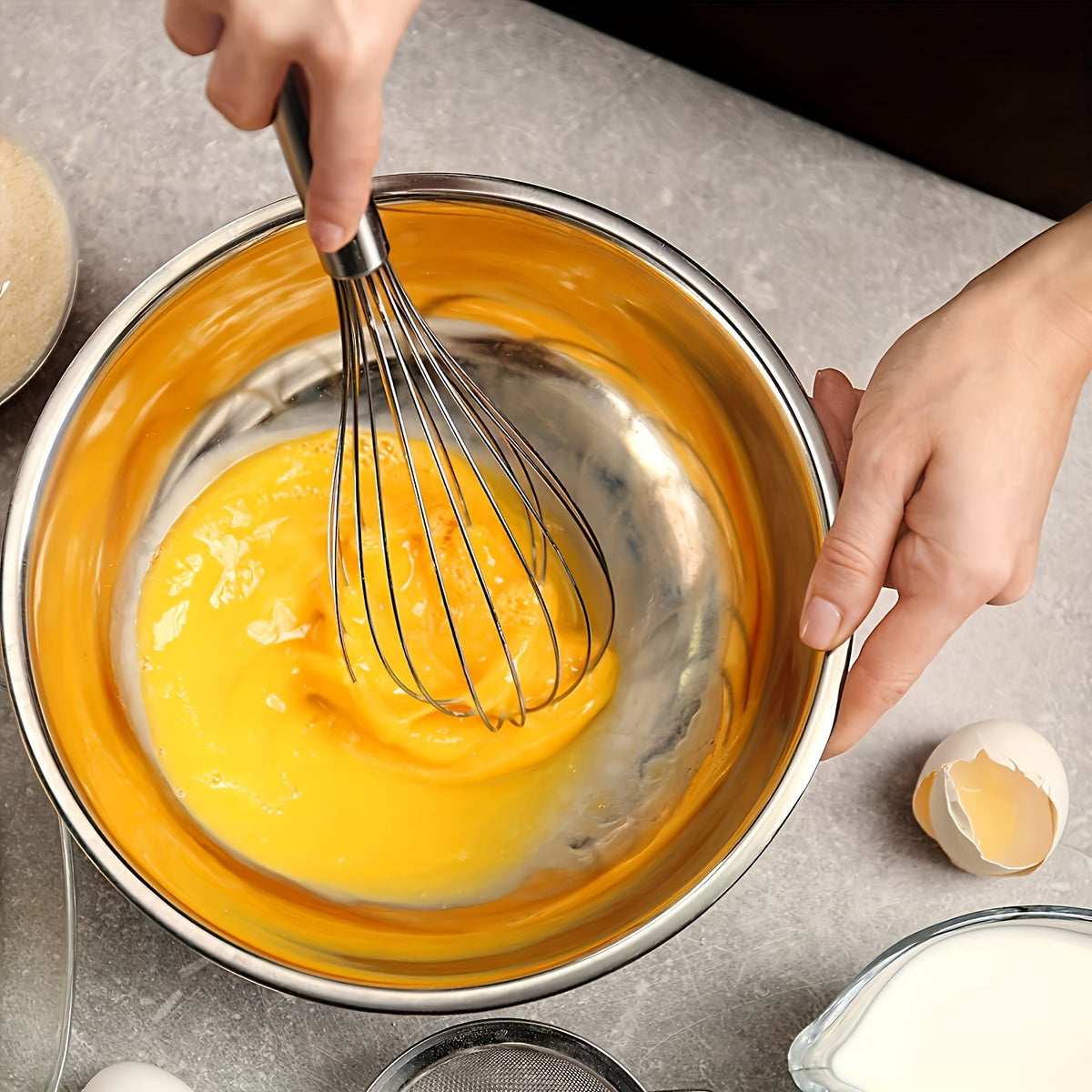 Stainless Steel Whisk Set of Three Manual Mixing Tools for Beating Eggs, Stirring and Blending Ingredients in Everyday Home Cooking and Baking