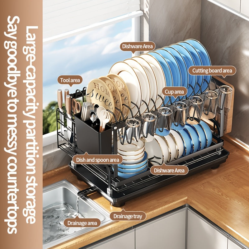 Metal Countertop Dish Rack for Kitchen Tableware Organization, Two-Tier Painted Rack Design with Utensil Holder Reference and Black, Dark Grey or Base Options