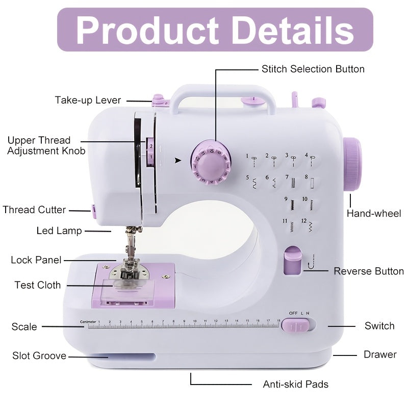 Sewing Machine with Adjustable Speed and 12 Stitch Patterns, White Purple Portable Electric Design for Beginner Practice, Home Fabric Repairs and DIY Crafts