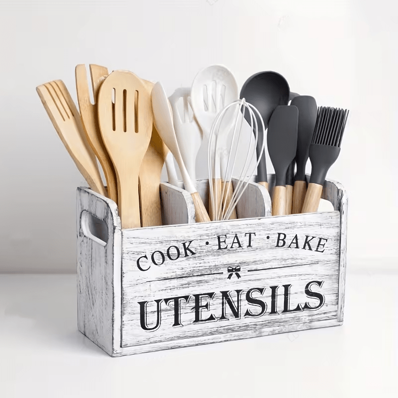 Wooden Utensil Organizer by LDQ with Rustic Styling, Grey White Selection and Grey White or Black Four-Compartment Options for Cooking and Baking Tool Storage