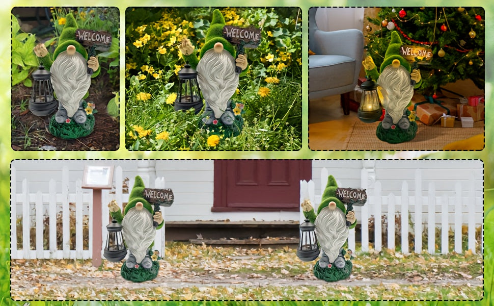 Garden Gnome Statue in Green with Flocked Resin Wording, Solar Lantern and Welcome Sign References for Decorative Porch, Patio and Garden Displays