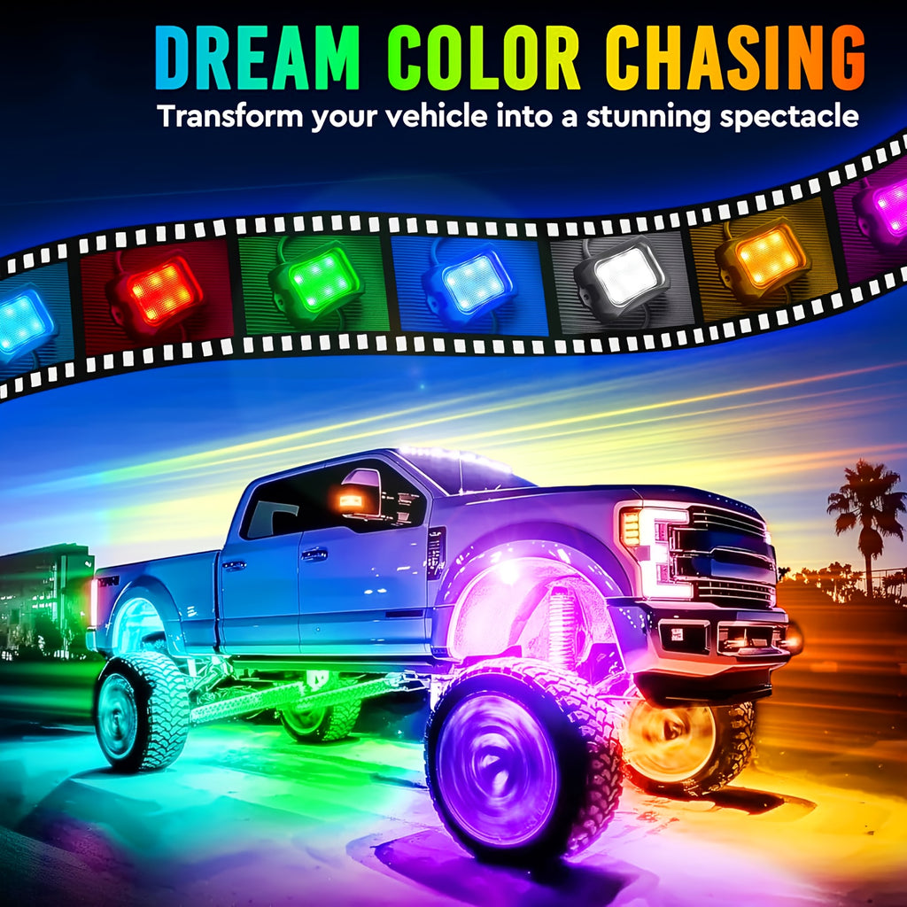 RGB Rock Light Kit with 16 Listed LEDs, 4-in-1 Car Tire Ambient Lighting with Dimmable Colors, Multiple Modes and App Control for Compatible Vehicle Setups