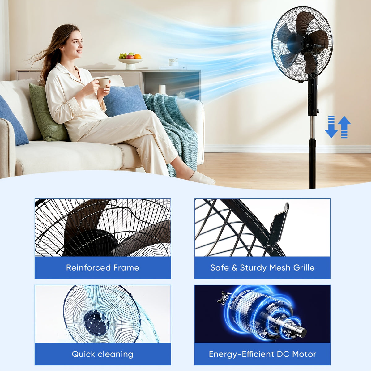 Adjustable Height Pedestal Fan in Black with Remote Control, 45–53 Inch Standing Design, 80° Oscillation, Three Speeds, Three Modes and 12-Hour Timer
